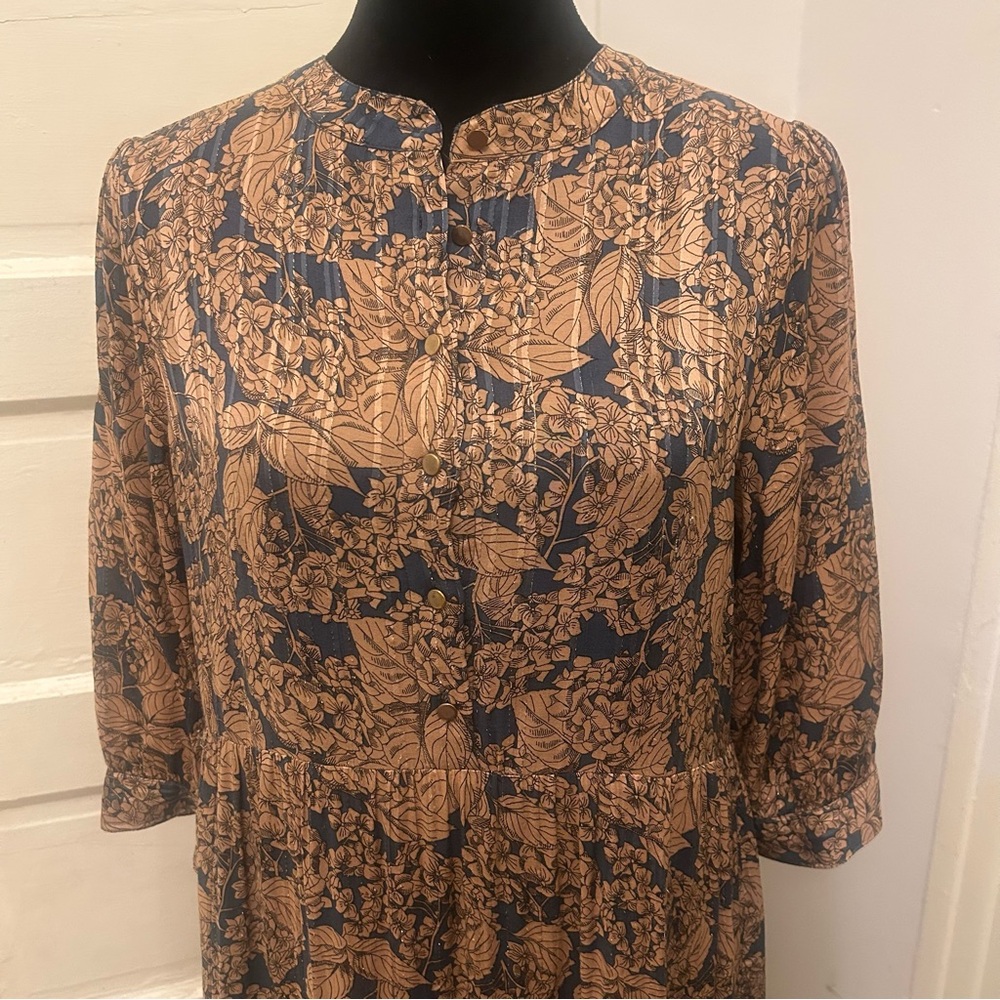 Lollys Laundry Copenhagen Netallic Drop Waist Tiered Floral Print Midi Dress - Picture 2 of 14